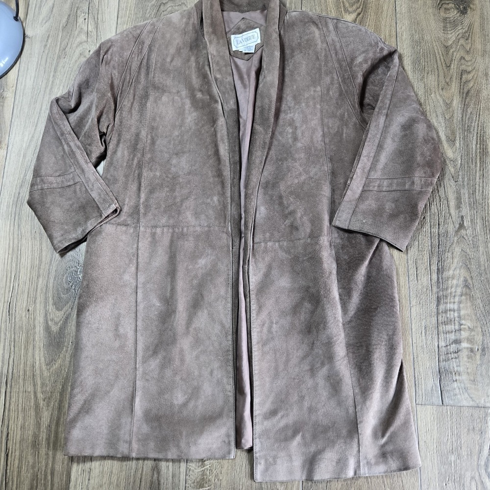 VTG Over Sized LA VOGUE Beige Leather Long Open Face Jacket Women SZ Small Lined